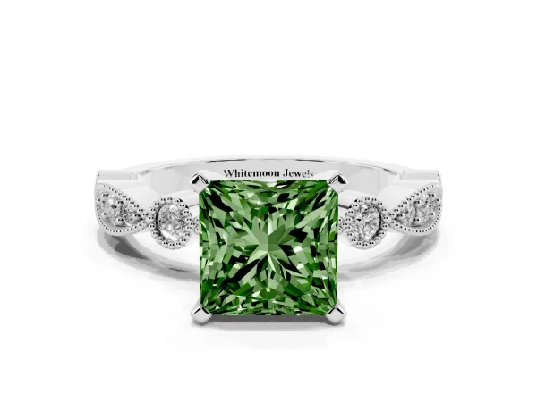 Fancy Green Princess Cut Milgrain Bezel Diamond Engagement Ring with Solitaire Prong Setting Platinum