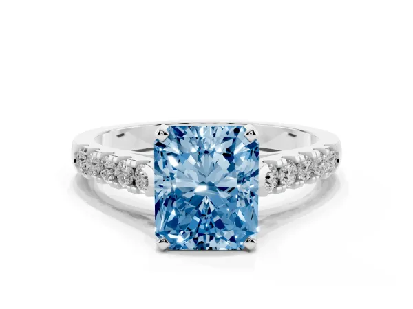 Fancy Blue Radiant Cut Diamond Pavé Band Solitaire Ring with Prong Setting White gold