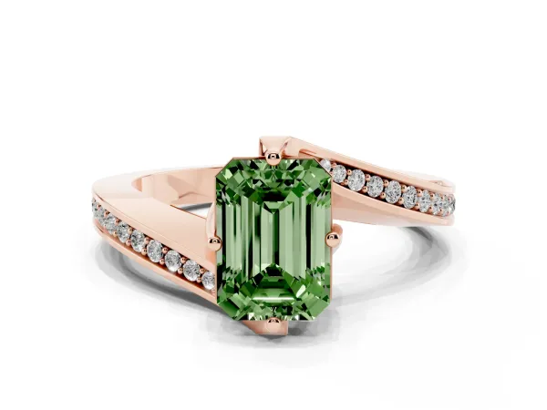 Fancy Green Emerald Cut Solitaire Diamond Twist Band with Pavé Setting and Four-Prong Setting Rose gold