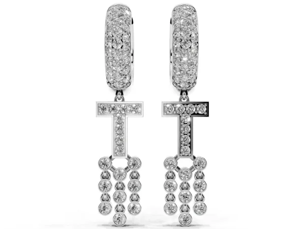 Round Diamond Initial T Huggie Hoop Earrings Platinum