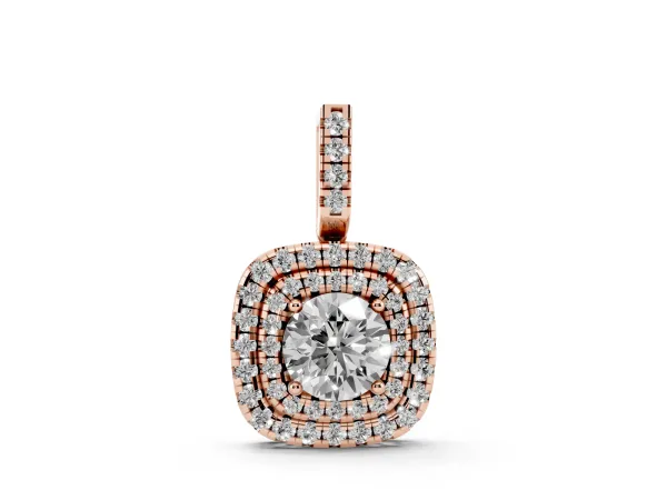 Double Halo Round Diamond Pendant with Pavé Setting and Prong Setting Rose gold