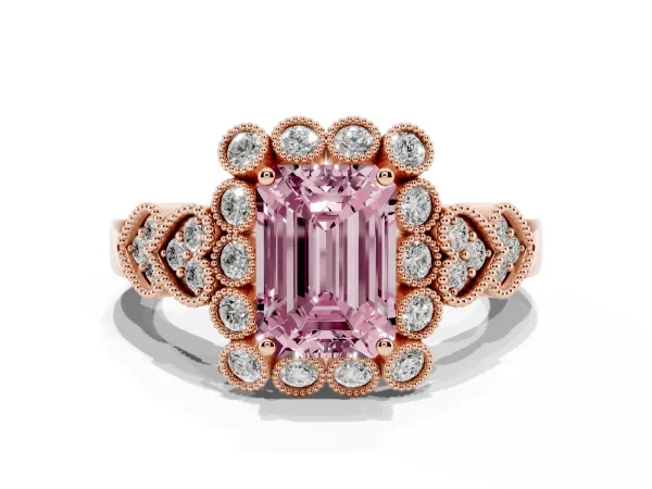 Fancy Pink Emerald Cut Brilliant Milgrain Pave Heart Band Solitaire Ring Rose gold