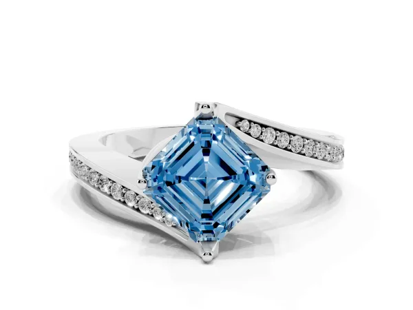 Fancy Blue Asscher Cut Solitaire Diamond Twist Band with Pavé Setting and Four-Prong Setting Platinum