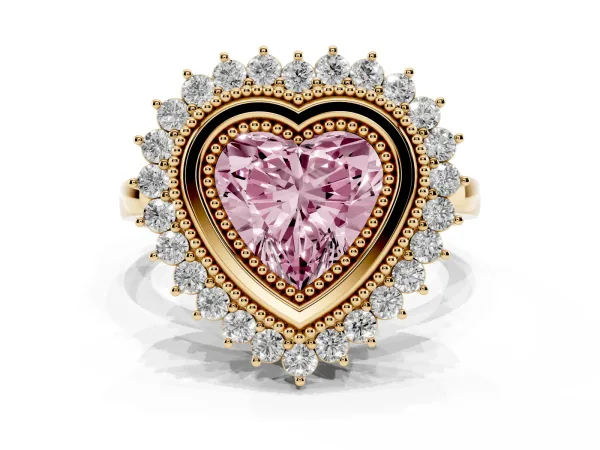Fancy Pink Heart Cut Halo Diamond Ring with Milgrain Edge and Round Prong Setting Yellow gold