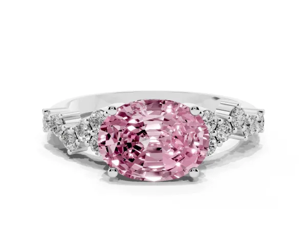 Fancy Pink Oval Cut Diamond Scattered Round Accent Ring with Prong Setting Platinum