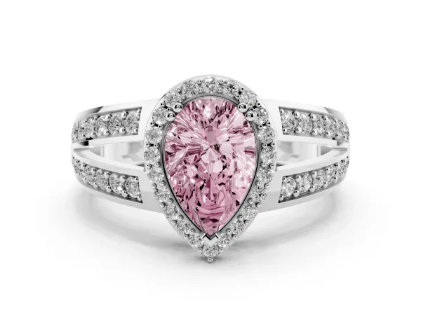 Fancy Pink Pear Cut Diamond Halo Ring with Split Shank Pavé Band and Four-Prong Setting Platinum
