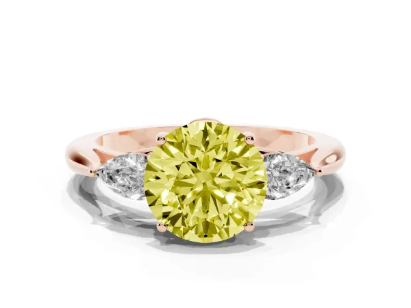 Fancy Yellow Three-Stone Round Cut Brilliant Diamond Solitaire Ring with Tapered Band and Four-Prong Setting Rose gold