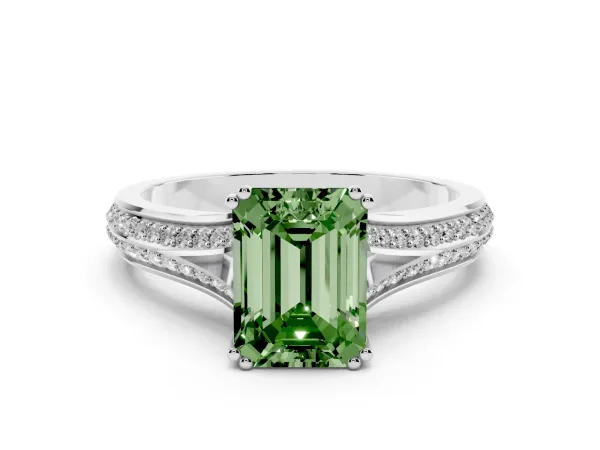 Fancy Green Emerald Cut Diamond Split Shank Engagement Ring with Pavé Band White gold