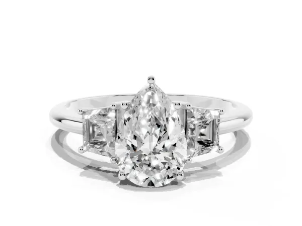 Pear Cut Diamond Three-Stone Ring with Trapezoid Side Stones and Prong Setting Platinum
