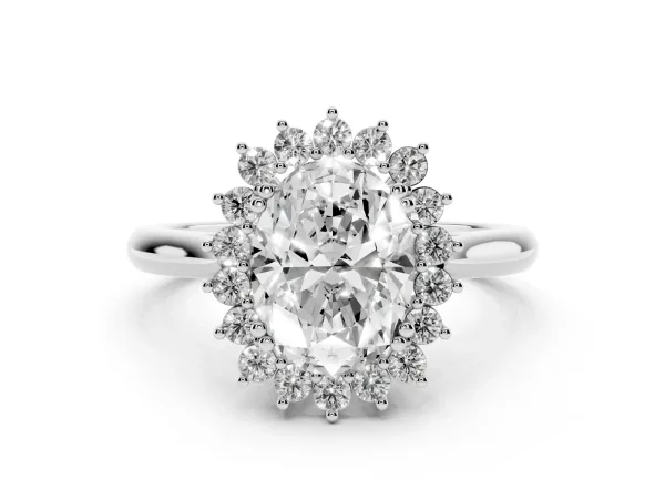 Oval Cut Cut Diamond Halo Ring with Solitaire Band and Prong Setting Platinum