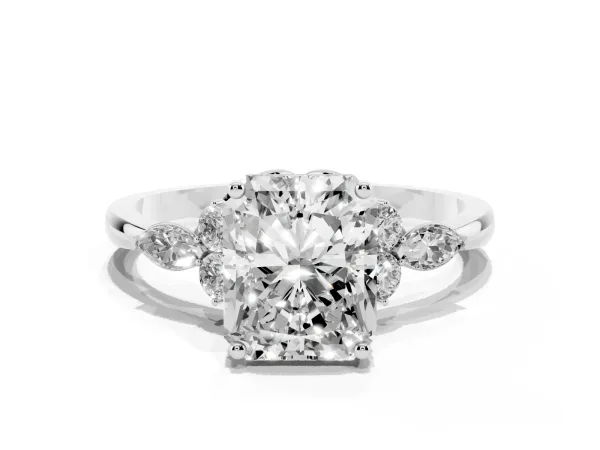 Radiant Cut Brilliant Diamond Solitaire Ring with Pear Side Stones and Four-Prong Setting White gold