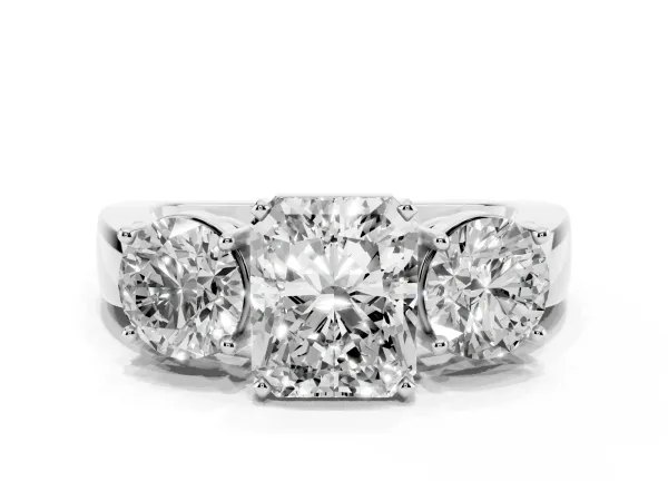 Three-Stone Radiant Cut Diamond Ring with Round Side Stones, Classic Band, and Four-Prong Setting Platinum