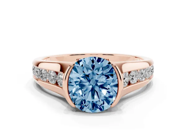 Fancy Blue Round Cut Solitaire Bezel-Set Diamond Ring with Channel-Set Band Rose gold