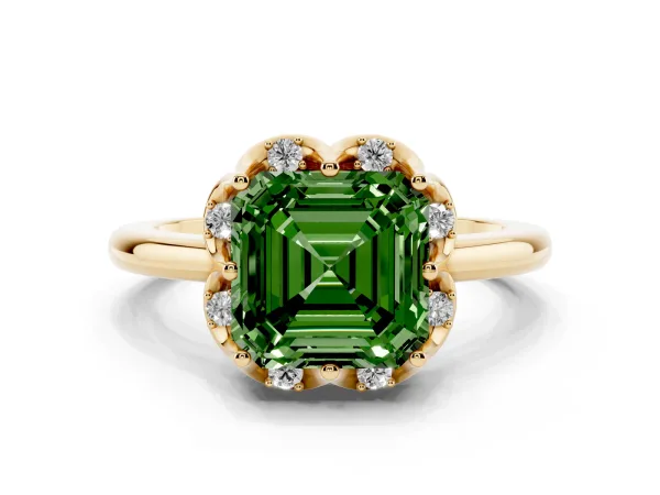 Fancy Green Asscher Cut Halo Diamond Ring with Round Cluster Setting, Solitaire Band, and Four-Prong Setting Yellow gold