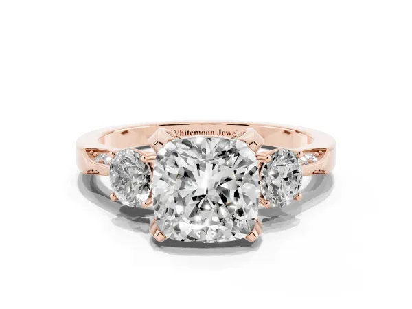 Cushion Cut Brilliant Three-Stone Diamond Ring with Pavé Band and Four-Prong Setting Rose gold