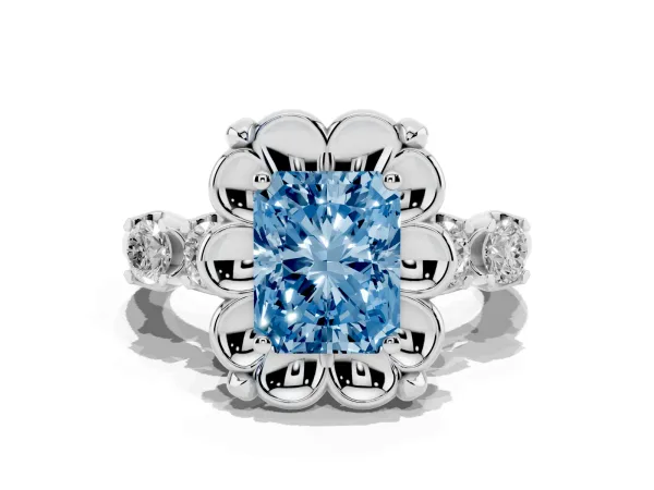 Fancy Blue Radiant Cut Cut Diamond Floral Halo Engagement Ring with Shared Prong Setting White gold