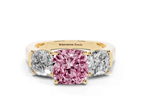 Fancy Pink Three-Stone Cushion Cut Brilliant Diamond Trellis Ring with Comfort Fit Band Yellow gold