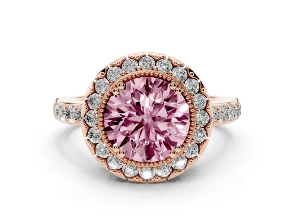 Fancy Pink Round Cut Diamond Halo Ring with Pavé Band and Prong Setting Rose gold