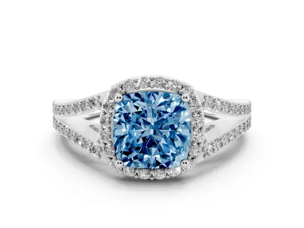 Fancy Blue Cushion Cut Halo Split Shank Pave Diamond Ring with Four-Prong Setting Platinum