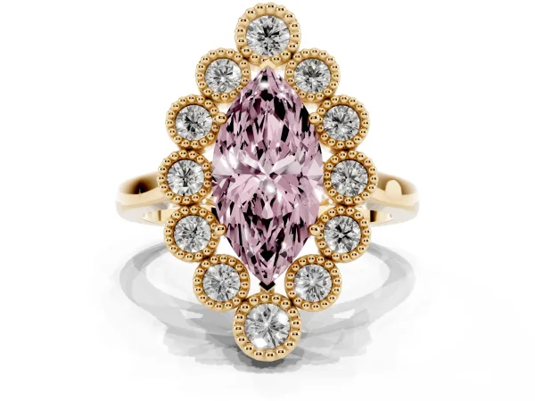 Fancy Pink Marquise Cut Halo Diamond Cluster Engagement Ring with Milgrain Bezel Setting and Solitaire Band Yellow gold