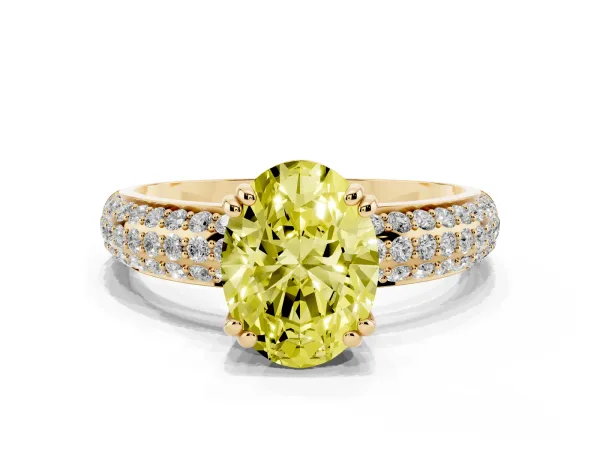 Fancy Yellow Oval Cut Diamond Solitaire Ring with Multi-Row Round Pavé Band and Prong Setting Yellow gold