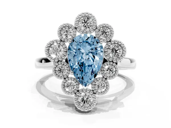 Fancy Blue Pear Cut Halo Diamond Cluster Engagement Ring with Milgrain Bezel Setting and Solitaire Band Platinum