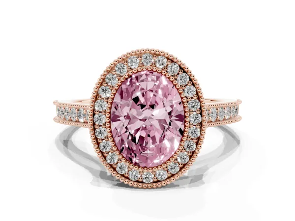 Fancy Pink Halo Oval Cut-Cut Diamond Pave Band Milgrain Prong Setting Ring Rose gold