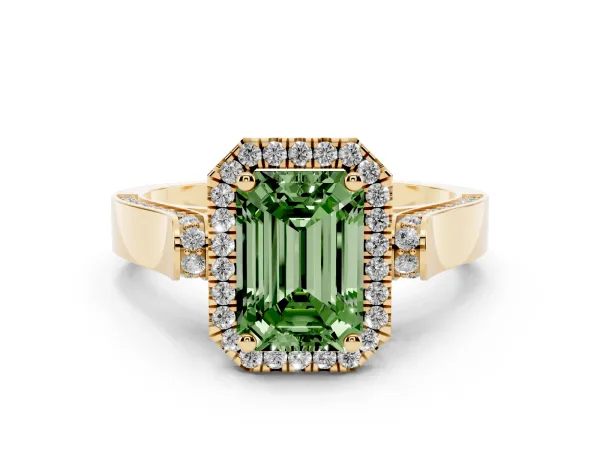 Fancy Green Emerald Cut Halo Pave Split Shank Prong Setting Ring Yellow gold