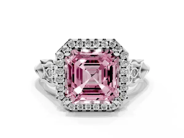 Fancy Pink Asscher Cut Halo Diamond Engagement Ring with Filigree Band and Four-Prong Setting White gold
