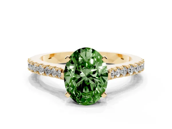 Fancy Green Oval Cut Cut Solitaire Diamond Engagement Ring with Pave Band and Four-Prong Setting Yellow gold