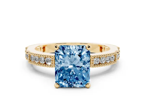 Fancy Blue Radiant Cut Solitaire with Pavé Band and Four-Prong Setting Yellow gold