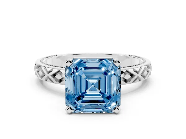 Fancy Blue Asscher Cut Solitaire Diamond Ring with Milgrain and Black Enamel X Pattern Band White gold