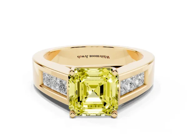 Fancy Yellow Asscher Cut Cut Channel Set Solitaire Ring with Four-Prong Setting Yellow gold