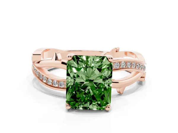 Fancy Green Radiant Cut Solitaire Twist Band with Pavé Accents and Four-Prong Setting Rose gold