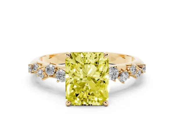 Fancy Yellow Radiant Cut Diamond Cluster Side Stone Solitaire Ring with Prong Setting Yellow gold