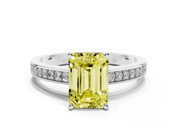 Fancy Yellow Emerald Cut Solitaire Pavé Band Prong Setting Ring White gold
