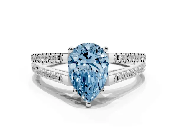 Fancy Blue Pear Cut Diamond Solitaire Engagement Ring with Split Shank Pavé Band Platinum