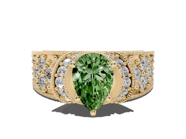 Fancy Green Pear Cut Halo Pave Diamond Engagement Ring with Milgrain Detailing Yellow gold