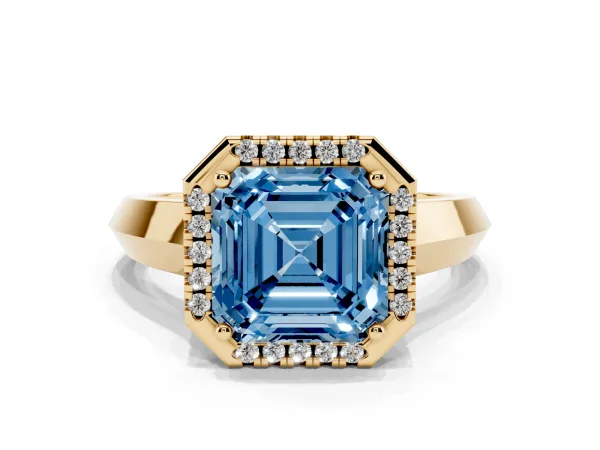 Fancy Blue Asscher Cut Halo Diamond Ring with Cathedral Band and Four-Prong Setting Yellow gold