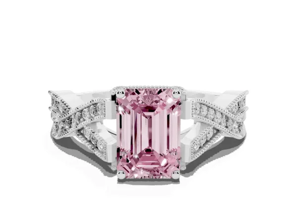 Fancy Pink Emerald Cut Cut Diamond Twisted Band with Milgrain Pave Setting and Four-Prong Setting Platinum