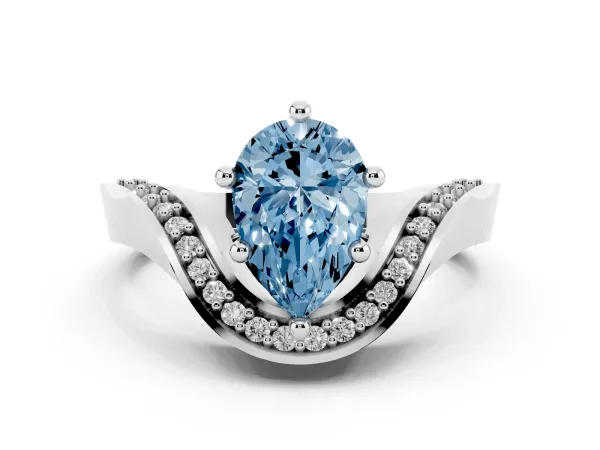 Fancy Blue Pear Cut Solitaire Diamond Engagement Ring with Pave Band and Four-Prong Setting White gold