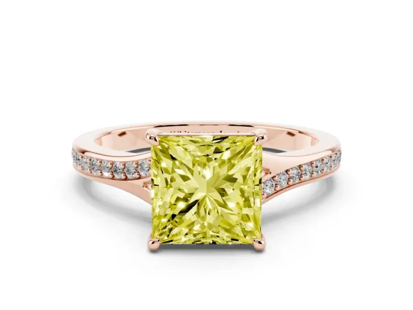 Fancy Yellow Princess Cut Diamond Solitaire Ring with Pavé Band and Prong Setting Rose gold