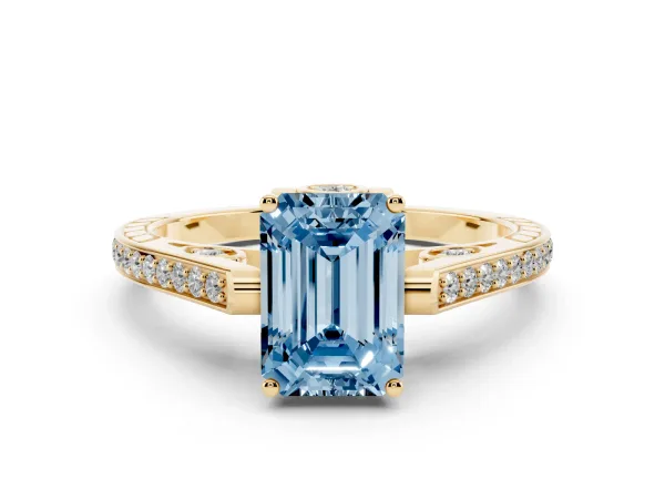 Fancy Blue Emerald Cut Cut Cathedral Pave Diamond Engagement Ring with Six-Prong Setting Yellow gold