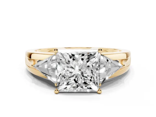 Three-Stone Princess Cut Cut Diamond Ring with Trillion Side Stones on a Split Shank Band Yellow gold