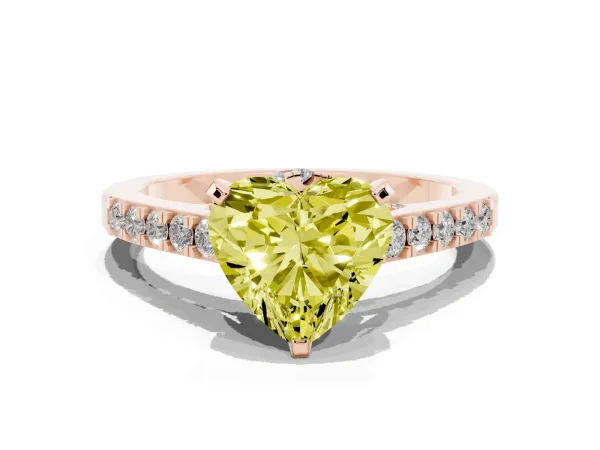 Fancy Yellow Heart Cut Diamond Solitaire Ring with Crossover Gallery and Round Pavé Band Rose gold