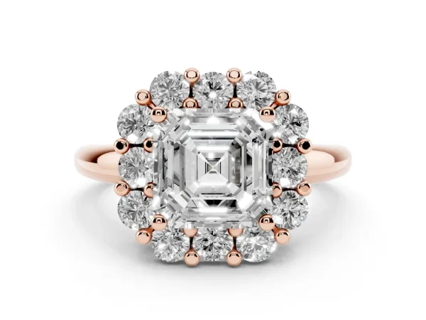 Asscher Cut Halo Cluster Diamond Engagement Ring with Prong Setting and Polished Band Rose gold
