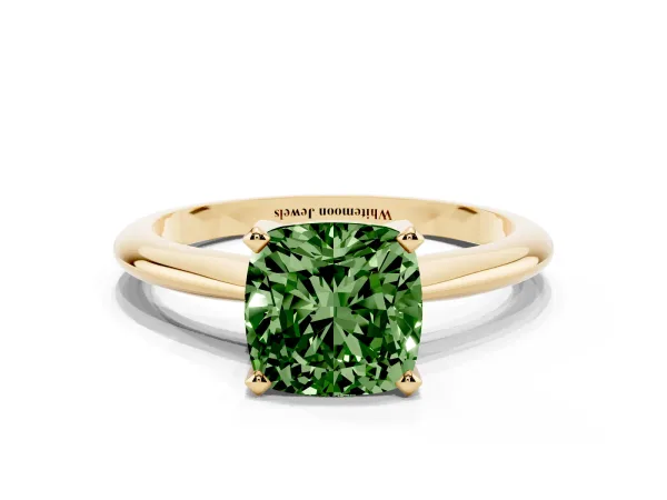 Fancy Green Cushion Cut Cut Solitaire Ring with Four-Prong Setting on a Classic Band Yellow gold