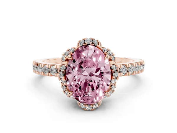 Fancy Pink Oval Cut Halo Diamond Pave Band Ring with Four-Prong Setting Rose gold