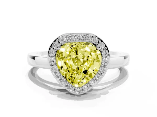 Fancy Yellow Heart Cut Halo Diamond Ring with Solitaire Band and Prong Setting White gold