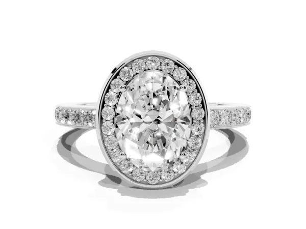 Oval Cut Diamond Halo Ring with Bezel Frame and Pavé Band White gold